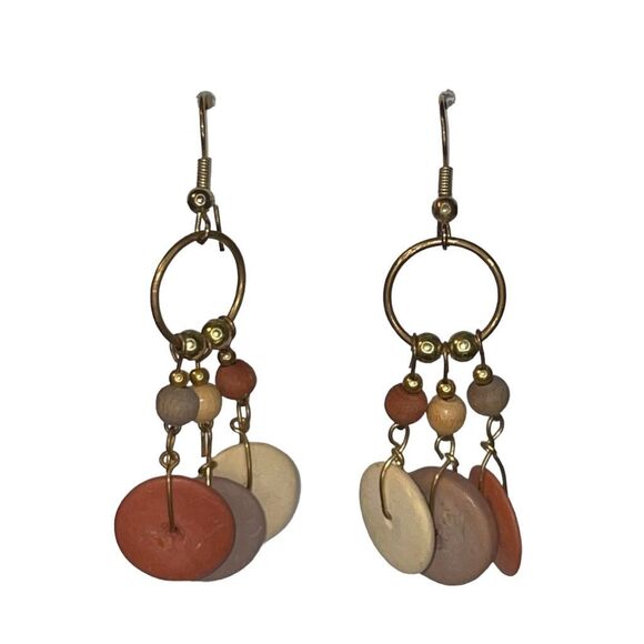 Vintage 90s Handmade Beaded Drop Earrings Gold Tone Metal Mauve Ivory Taupe - Picture 1 of 4